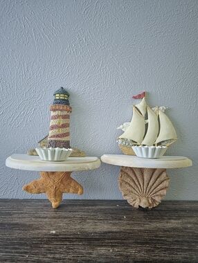Nautical Lighthouse and Sailboat Wall Shelves in Cream & Tan